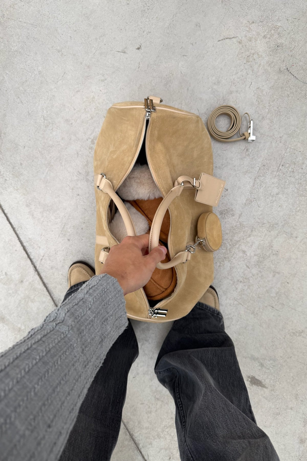 Suede Ecru Duffle Bag