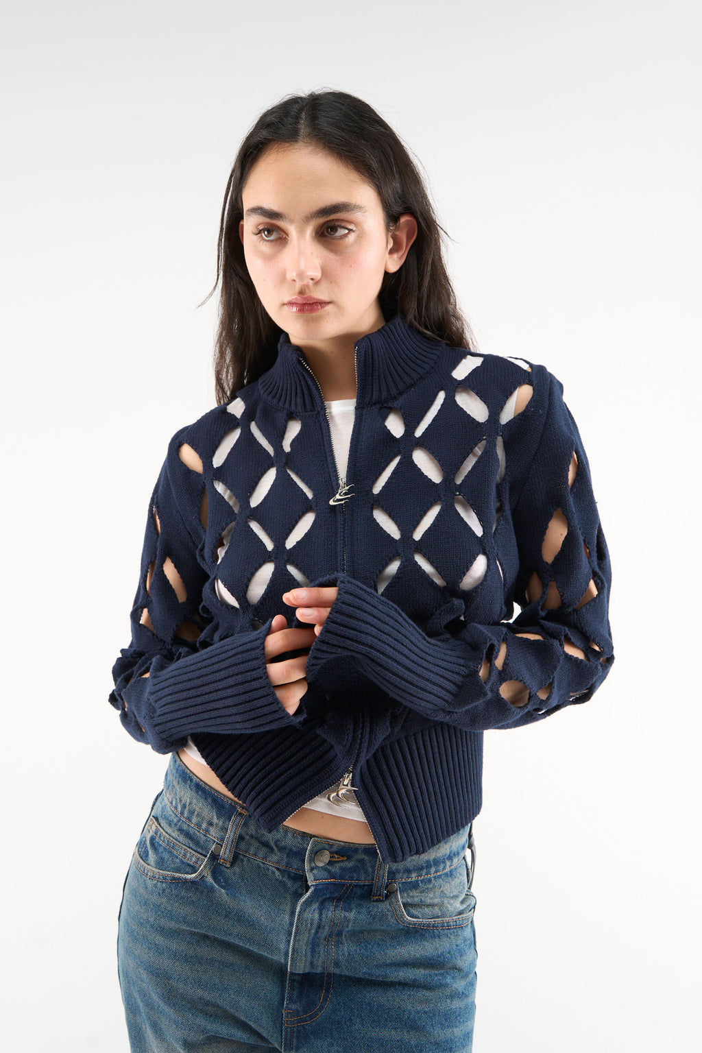 Cambodia Holes Navy Zipper Knit